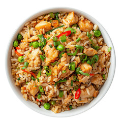 Delicious bowl of chicken fried rice with vegetables, garnished with green onions.