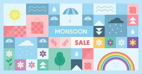 Fototapeta premium Monsoon season sale background with seamless pattern of umbrellas, rain, clouds, flowers, etc. Vector template design.