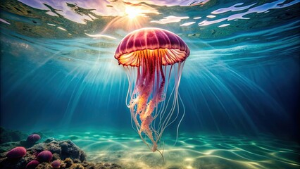 Mesmerizing close-up of a jellyfish in the ocean, marine life, aquatic, underwater,gelatinous, tentacles