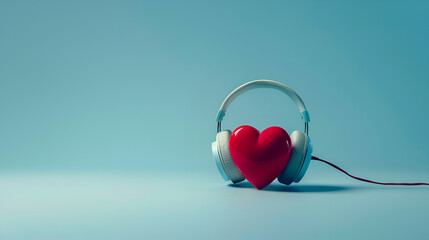 Red heart with headphones on blue background, listen to your heart and heart care concept	