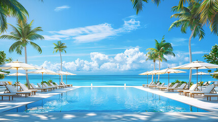 Fototapeta na wymiar Beautifull luxury swimming pool near beach front, looking sea view and morning time background 