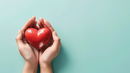 Femalehands holding red heart. Health care, love, mindfulness, wellbeing, family insurance, world mental health day concept	
