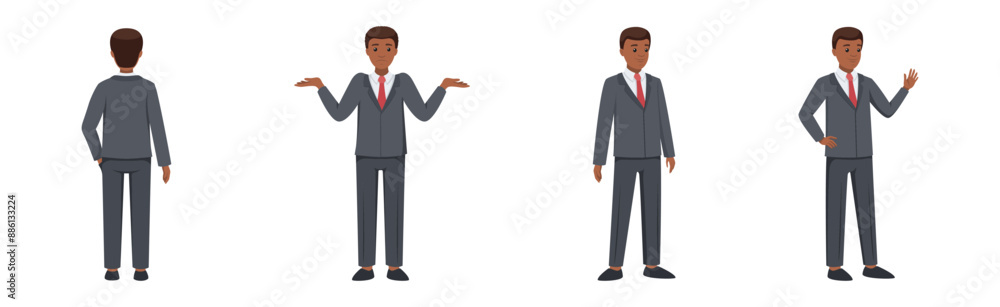 Poster office man character in suit and red tie in different pose vector set