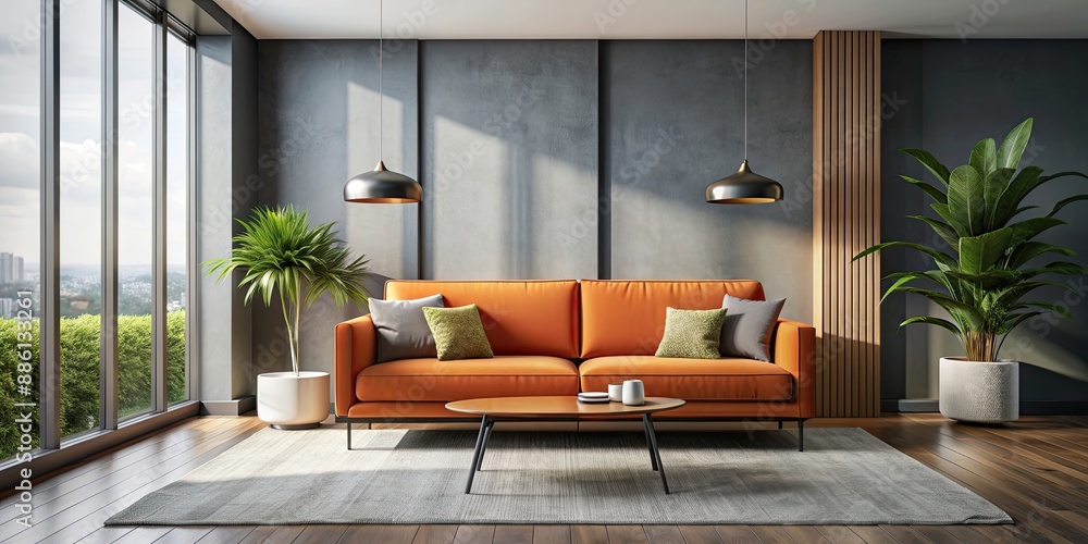 Wall mural Interior with orange sofa and modern decor , ,living room, design, furniture, comfortable, stylish, home, apartment, luxury