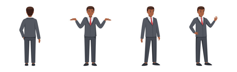 Office Man Character in Suit and Red Tie in Different Pose Vector Set