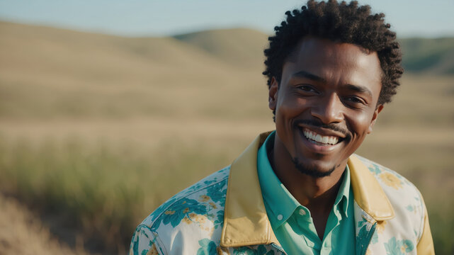 A young man with a bright smile, wearing a floral patterned jacket, stands against a backdrop of rolling golden hills