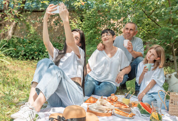 Fototapeta premium Family taking selfie during picnic