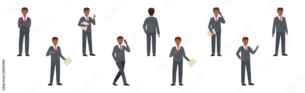 Poster office man character in suit and red tie in different pose vector set