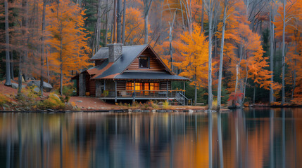 Fototapeta premium A cozy log cabin nestled by a tranquil lake, surrounded by dense forest and vibrant autumn foliage. The still water mirrors the vivid leaves and the cabin itself, providing an ideal setting for privac