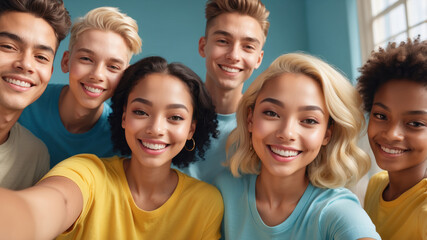 Obraz premium Five friends pose for a selfie, their smiles reflecting their close bond and happy spirits