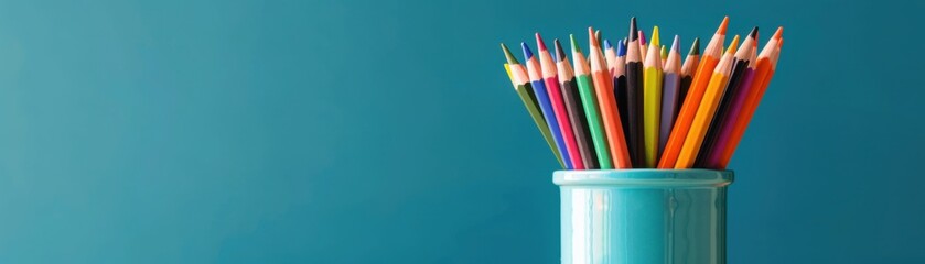 Colorful pencils in a green holder against a teal background, perfect for creativity, art, and education themes.