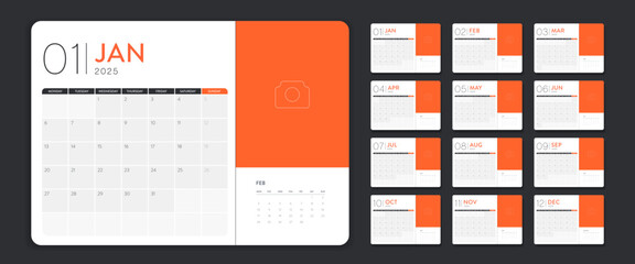 Calendar template 2025 creative minimal business monthly. Desk, wall calendar for print, digital calendar or planner. Week start on Monday. Simple modern annual calendar layout design element. Vector.