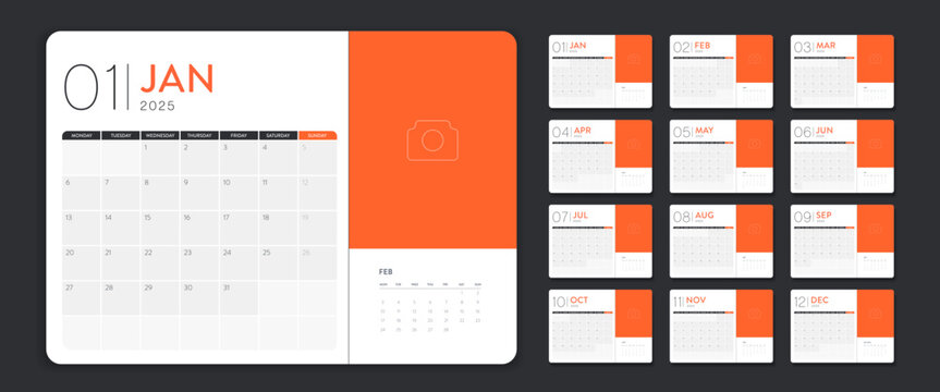 Calendar template 2025 creative minimal business monthly. Desk, wall calendar for print, digital calendar or planner. Week start on Monday. Simple modern annual calendar layout design element. Vector.