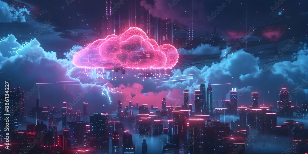 Poster futuristic city with neon cloud data flow and dynamic 3d rendering