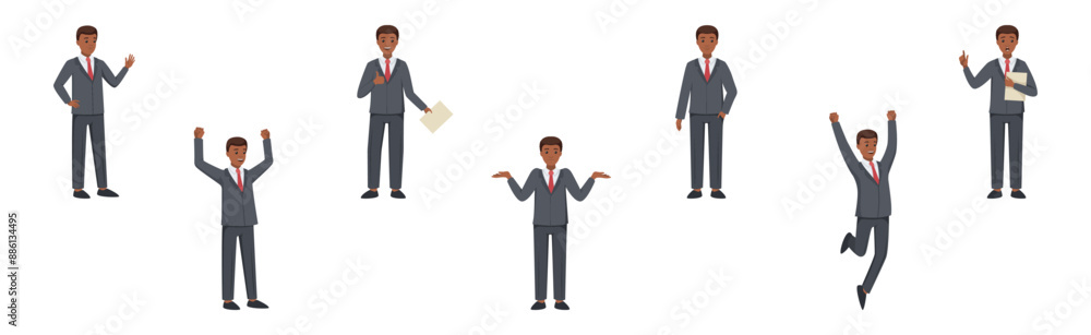 Poster office man character in suit and red tie in different pose vector set