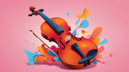 A bright orange violin rests upon a pink backdrop, surrounded by colorful paint splashes that appear to be bursting outwards
