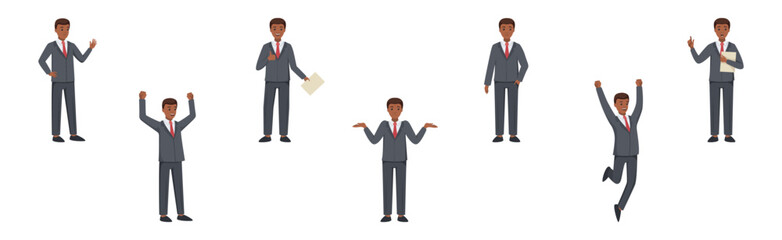 Office Man Character in Suit and Red Tie in Different Pose Vector Set