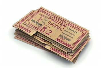 Stack of vintage paper tickets on a white background.