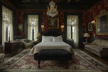 Hotel Room With Vintage Elegance: Antique furniture, rich fabrics, and classic decor elements like chandeliers