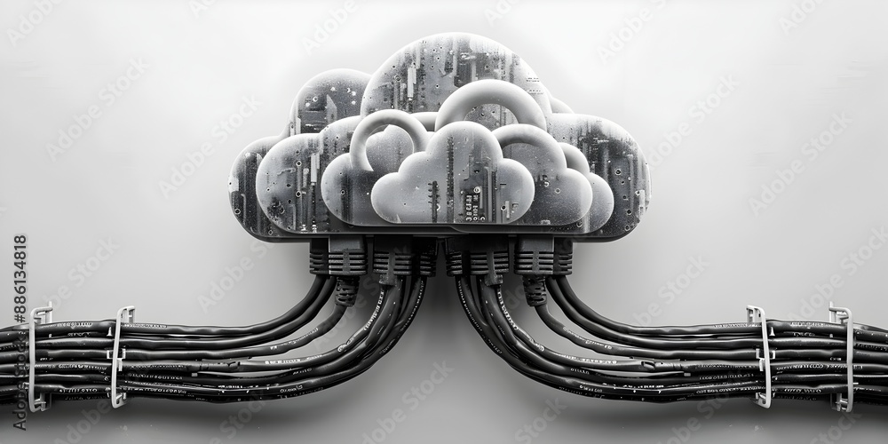 Poster monochrome network cables forming a conceptual cloud computing shape