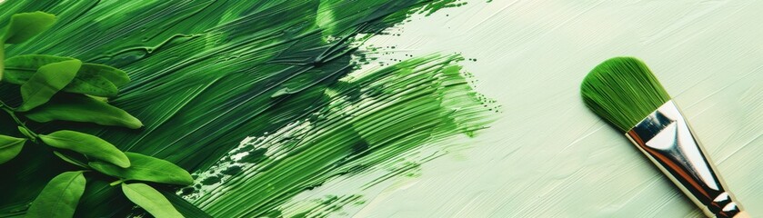 Creative artistic brush stroke with green paint and foliage, symbolizing nature and creativity in a refreshing design.