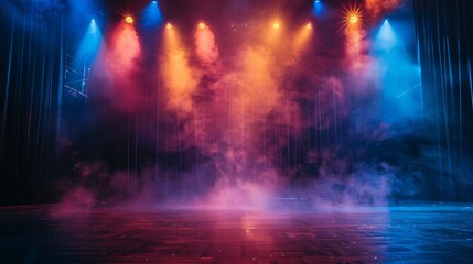 Theater stage light background with spotlight illuminated the stage.. Empty stage with bright colors backdrop decoration. Entertainment show.