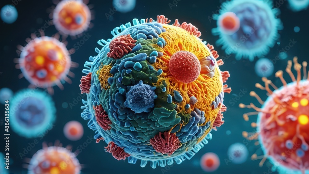 Poster microscopic view of a cell with a virus.