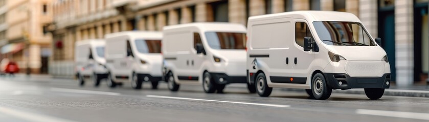 Fototapeta premium Multiple white delivery vans on the street, ready for commercial transportation services in an urban setting.