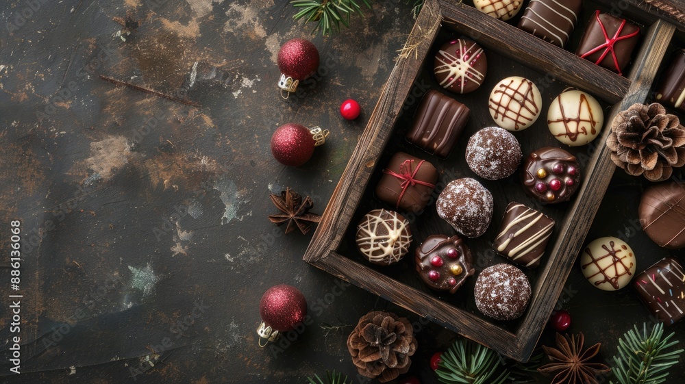 Poster Assorted chocolates in wooden box on rustic background