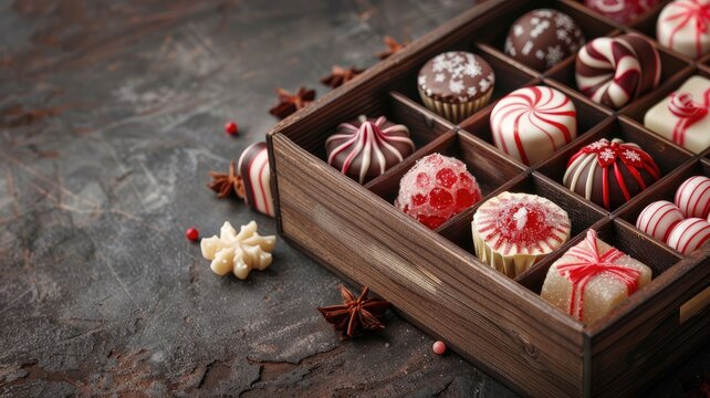Assorted gourmet chocolates and candies in wooden box on rustic surface