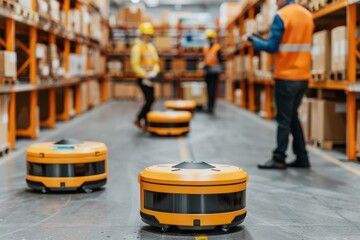 Automated robots sorting packages in a modern warehouse with workers in the background. Collaboration between humans and robotics in logistics.
