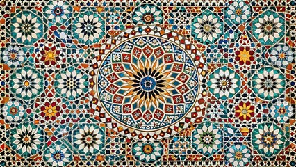 Intricate Arabesque mosaic tile design with geometric trellis patterns and traditional Moroccan ornaments , Arabesque