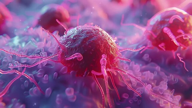 Medical health concept. Cancer cells in the body. 3d render of human cells and cancer cell under the microscope. Microbiology background. Medical background. 