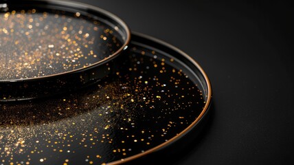 Circular black trays with scattered gold glitter on dark background