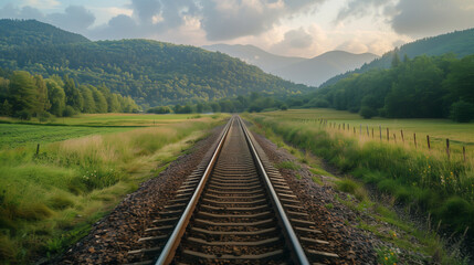 Fototapeta premium Vast railway tracks span through meadows, forests, mountains, and plains, embodying human paths, transportation, trade, and exploration.