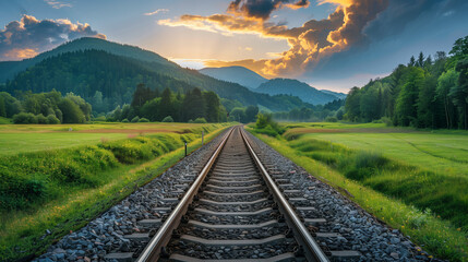 Fototapeta premium Scenic railway tracks winding through meadows, forests, mountains, and plains symbolize human journeys, transport, trade, and exploration.