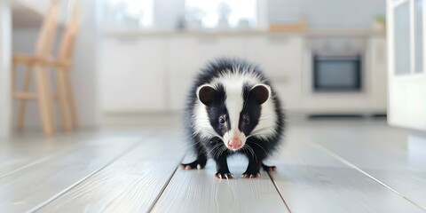 Skunk spotted in contemporary kitchen. Concept Wildlife Encounters, Kitchen Intruders, Unusual Sightings, Animal Control, Home Safety