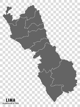 Blank map Department Lima of Peru. High quality map Department  of Lima with districts on transparent background for your web site design, logo, app, UI.  Republic of Peru.  EPS10.