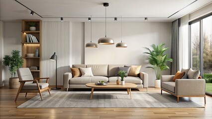 Fototapeta premium Modern living room with minimalist furniture and neutral colors , contemporary, design, interior, home, apartment, comfortable