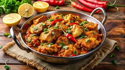 Fototapeta premium Delicious and aromatic Chicken Karahi dish , Pakistani cuisine, spicy, curry, traditional, food, chicken, tomatoes, onions, garlic