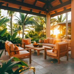 Fototapeta premium Outdoor patio with peach-colored furniture