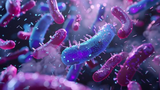 3d render of bacteria under the microscope. Bacteriophage and Viruses. Microscopic Bacteria. Molecules virus cell. Medical health concept. Science microbes. Medical background. Close-up view. 4K Video