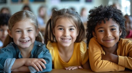 Fototapeta premium Three smiling kids looking at the camera.