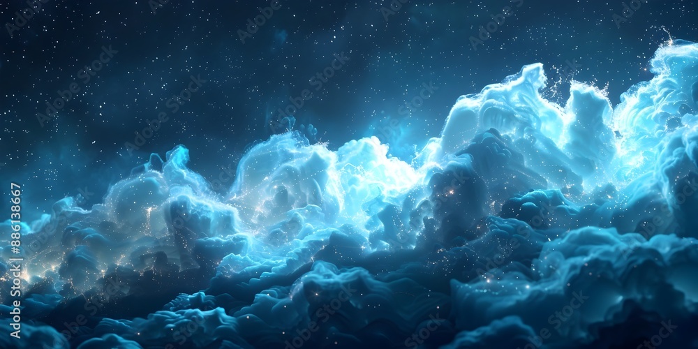 Poster holographic data streams emerging from blue digital cloud computing concept