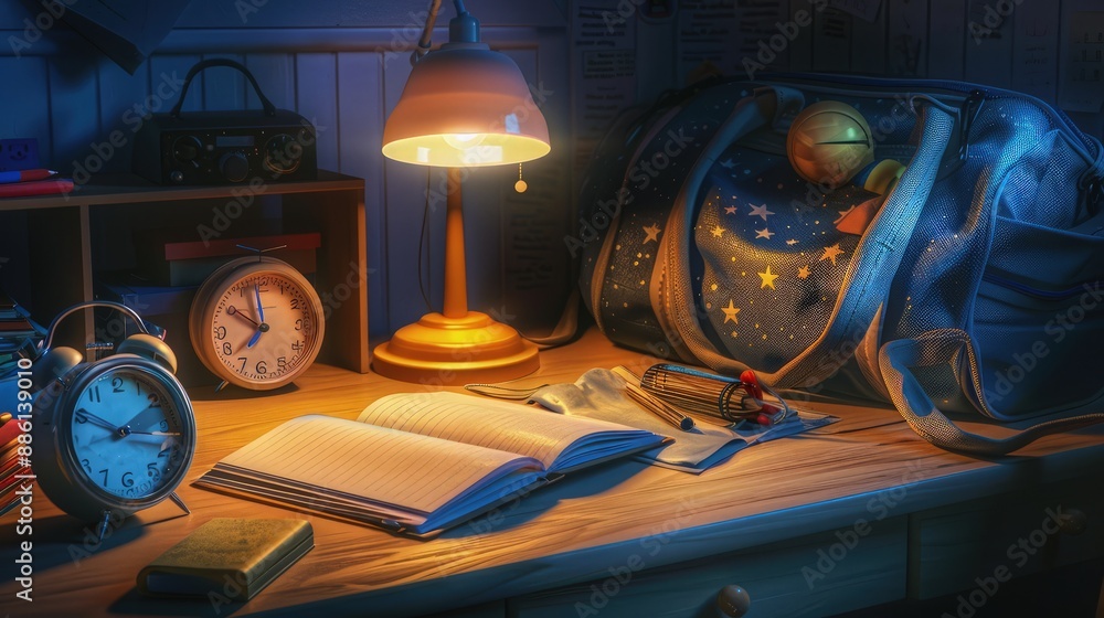 Aufkleber an image of a child's desk at night with a softly glowing lamp casting light over an open notebook, 