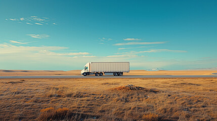 Commercial truck photo on an open highway, ideal for logistics service ads. Transporting goods, products, and cargo between cities and countries.

