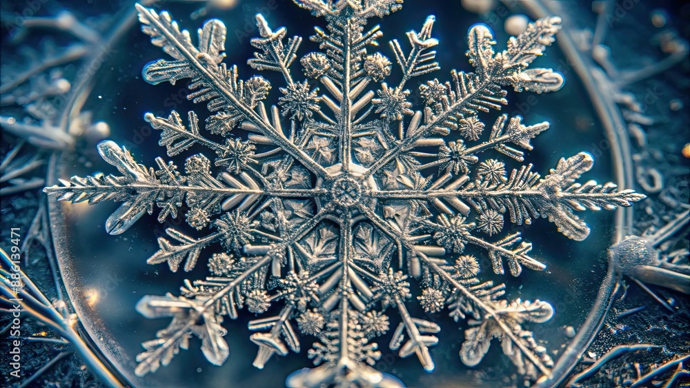 Wall mural Snowflake microscope captures intricate details of individual snowflakes with high magnification, snowflake, microscope