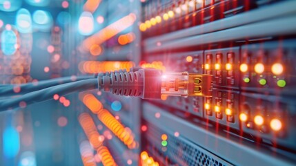 Fototapeta premium Network Cable Plugged into Server Rack