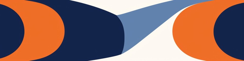 An abstract banner design features two orange crescent shapes on either side of a blue, curved shape, all against a white background