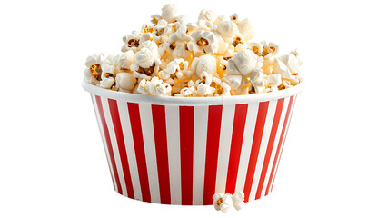 Popcorn in red and white paper bucket isolated on transparent background.